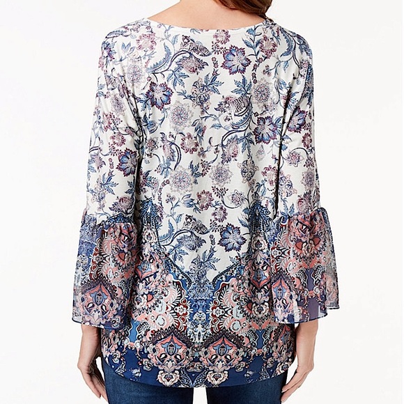 STYLE & CO Floral Print Sheer Flare Sleeve Top - Picture 2 of 13